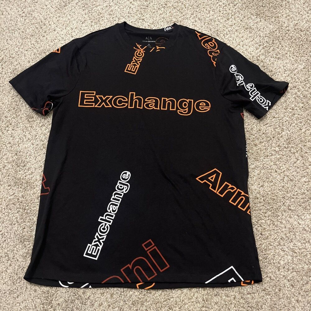 ARMANI EXCHANGE Men's Graphic Shirt Black Orange White Short Sleeve Size Medium